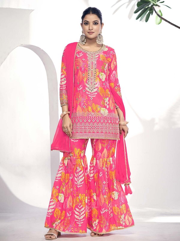 Pink Premium Fibre Chinon Sharara Suit